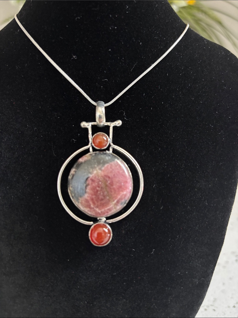 Sterling Silver Rhodonite & Carnelian Gemstone Pendant Necklace